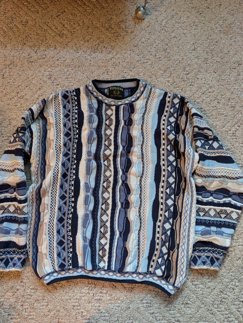 Vintage 90s 3D Textured Knit Coogi Style Sweater Canada Geometric Blue Tan Vtg